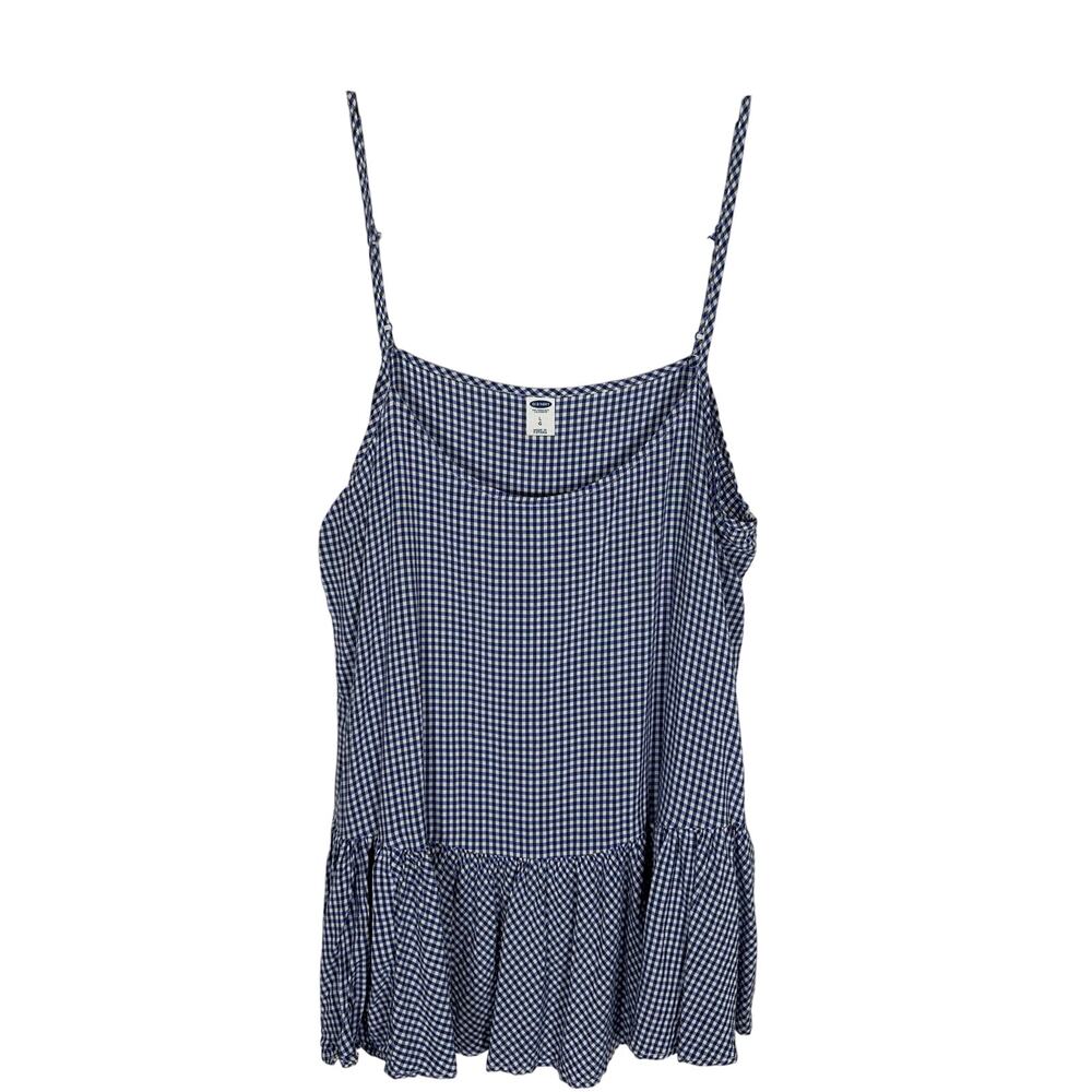 Old Navy Blue Gingham Check Adjustable Strap Ruffle Top L Classic Preppy Beach